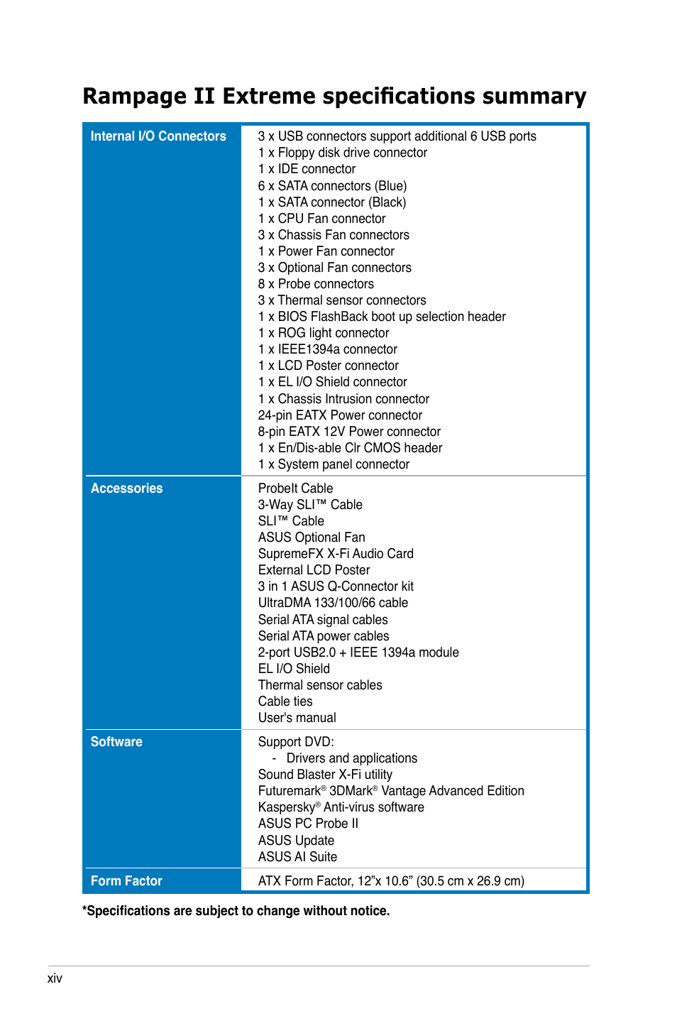 Rampage ii extreme specifications summary | Asus Rampage II Extreme User Manual | Page 14 / 196