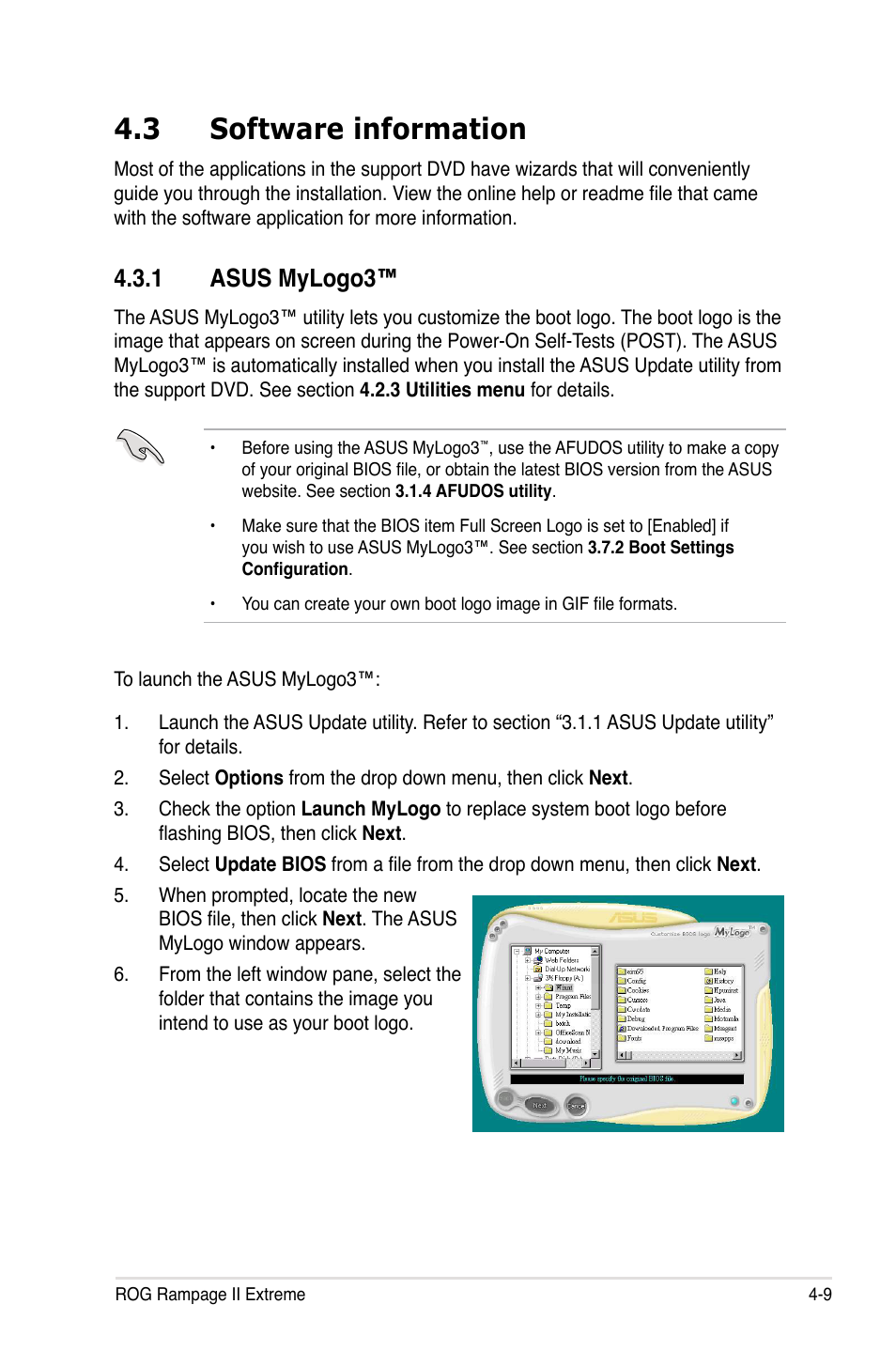 3 software information, 1 asus mylogo3, Software information -9 4.3.1 | Asus mylogo3™ -9 | Asus Rampage II Extreme User Manual | Page 141 / 196