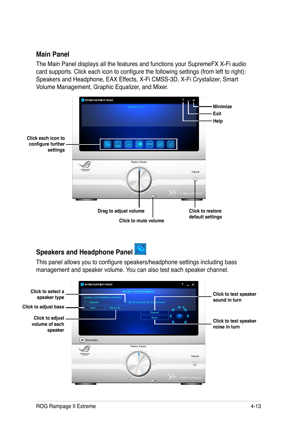 Main panel, Speakers and headphone panel | Asus Rampage II Extreme User Manual | Page 145 / 196