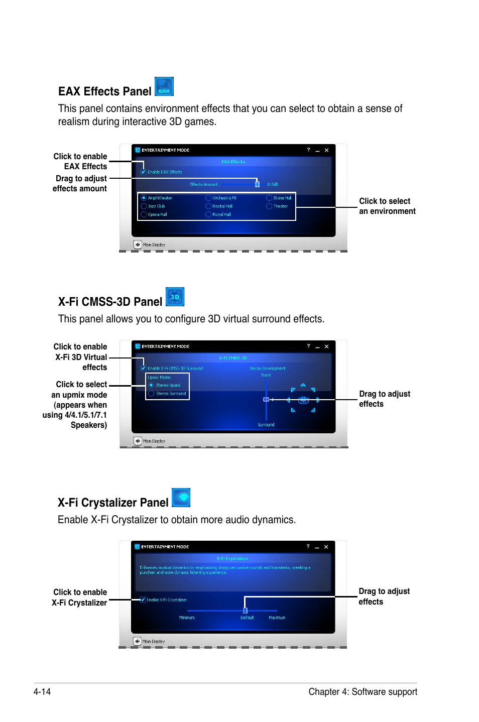 Eax effects panel, X-fi cmss-3d panel, X-fi crystalizer panel | Asus Rampage II Extreme User Manual | Page 146 / 196