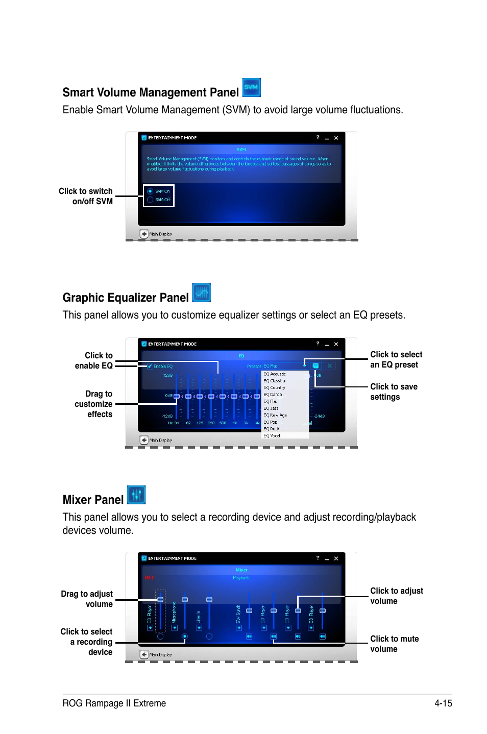 Smart volume management panel, Graphic equalizer panel, Mixer panel | Asus Rampage II Extreme User Manual | Page 147 / 196