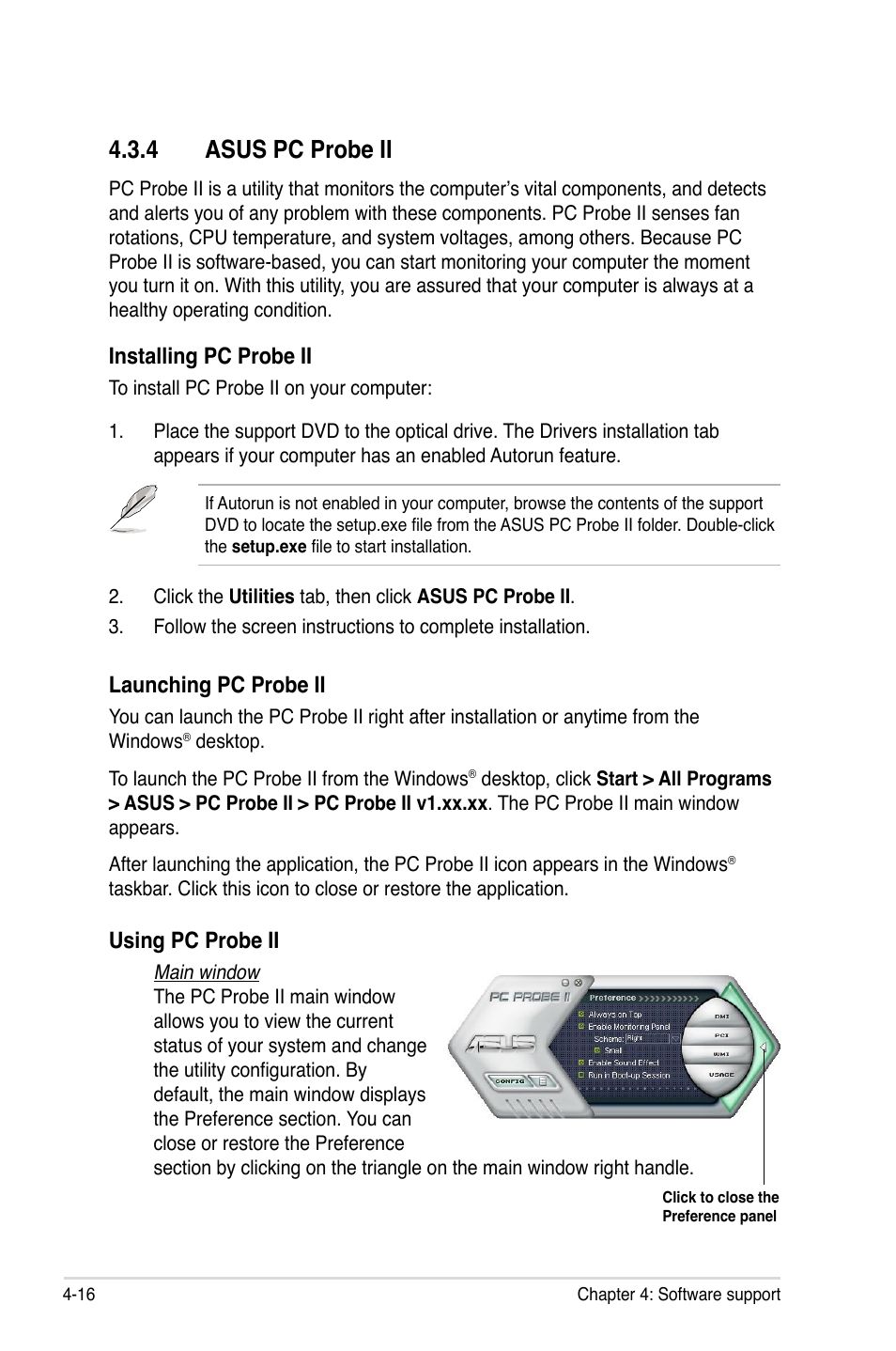 4 asus pc probe ii, Asus pc probe ii -16, Installing pc probe ii | Launching pc probe ii, Using pc probe ii | Asus Rampage II Extreme User Manual | Page 148 / 196