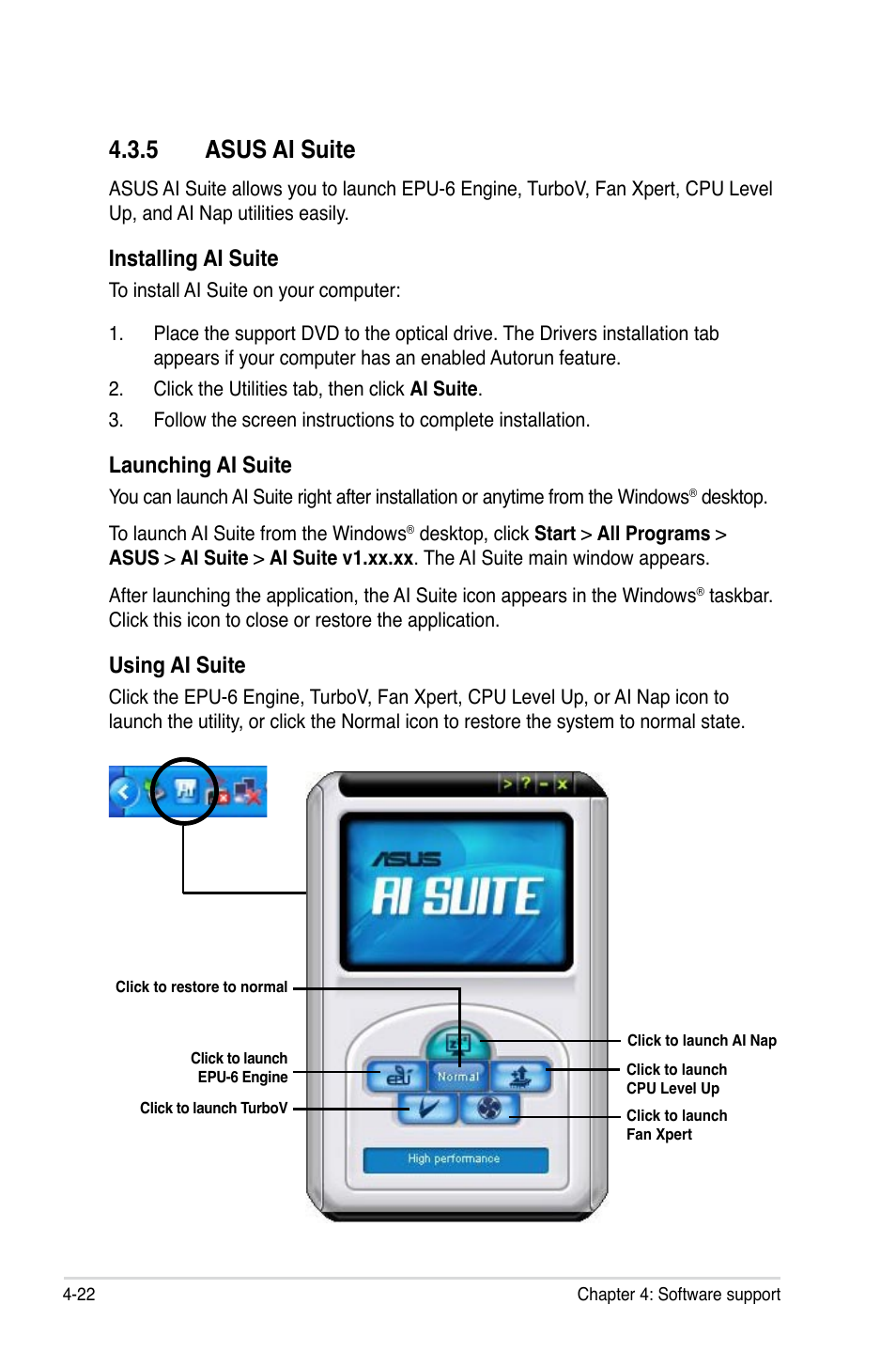 5 asus ai suite, 5 asus ai suite -22, Installing ai suite | Launching ai suite, Using ai suite | Asus Rampage II Extreme User Manual | Page 154 / 196