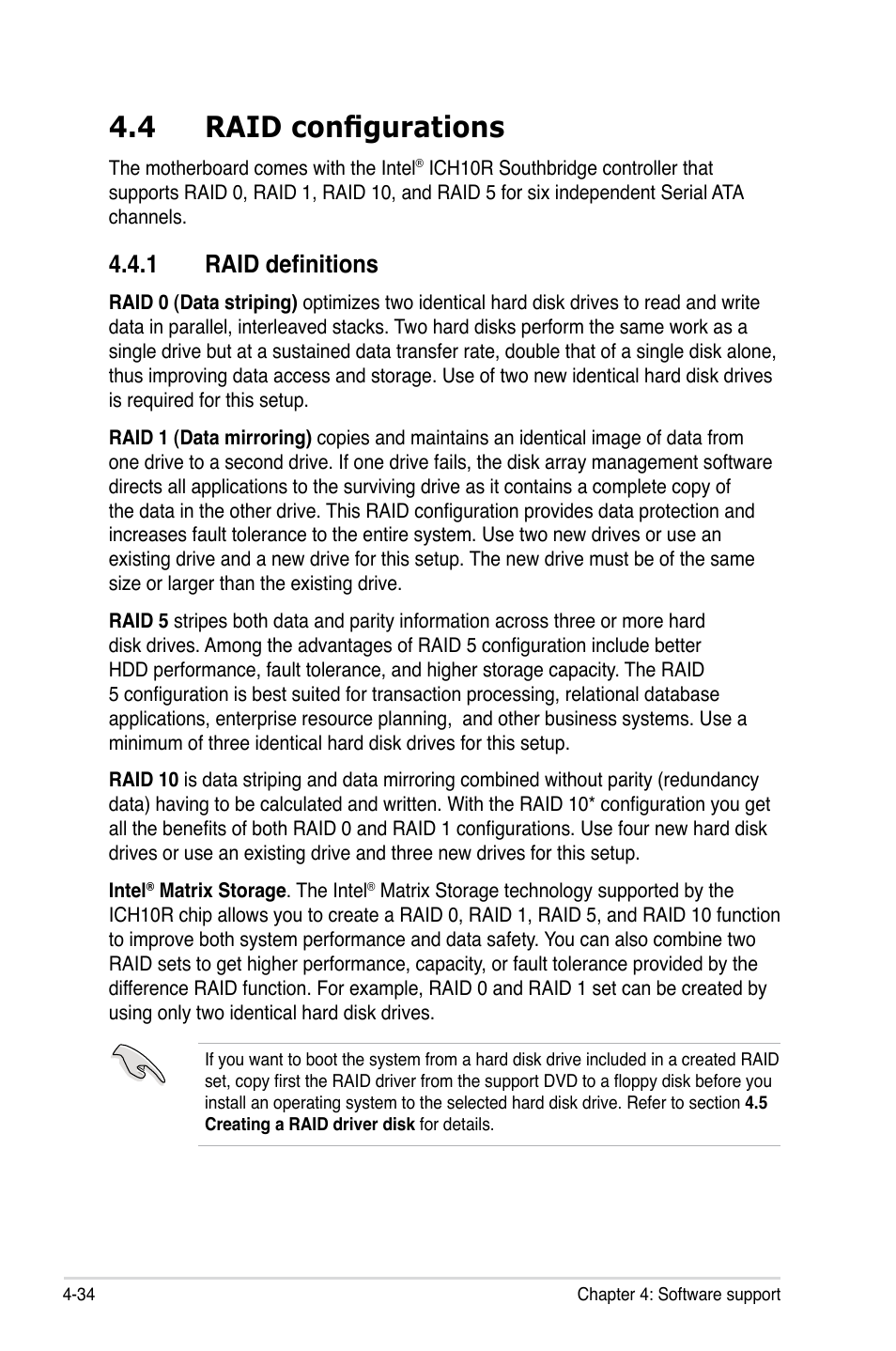 4 raid configurations, 1 raid definitions, Raid configurations -34 4.4.1 | Raid definitions -34 | Asus Rampage II Extreme User Manual | Page 166 / 196