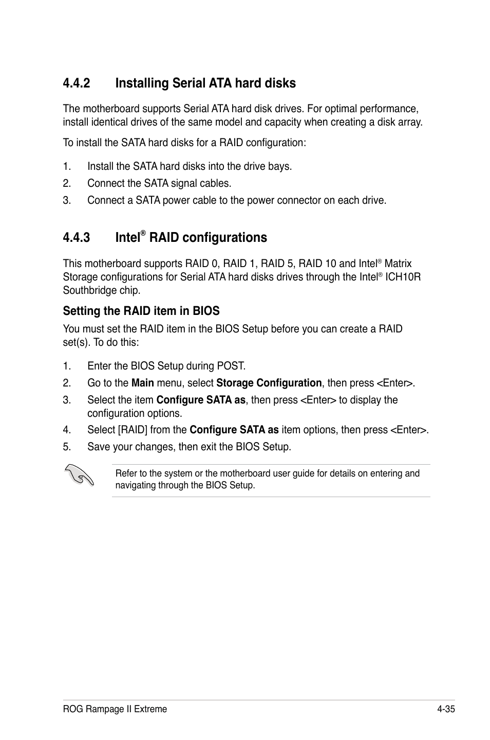 2 installing serial ata hard disks, 3 intel® raid configurations, Installing serial ata hard disks -35 | Intel, Raid configurations -35, 3 intel, Raid configurations | Asus Rampage II Extreme User Manual | Page 167 / 196