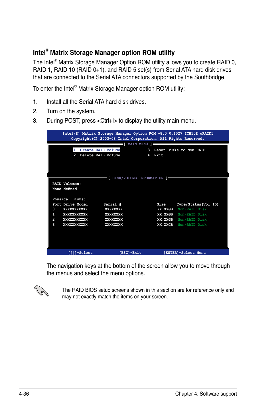 Intel, Matrix storage manager option rom utility, The intel | Asus Rampage II Extreme User Manual | Page 168 / 196