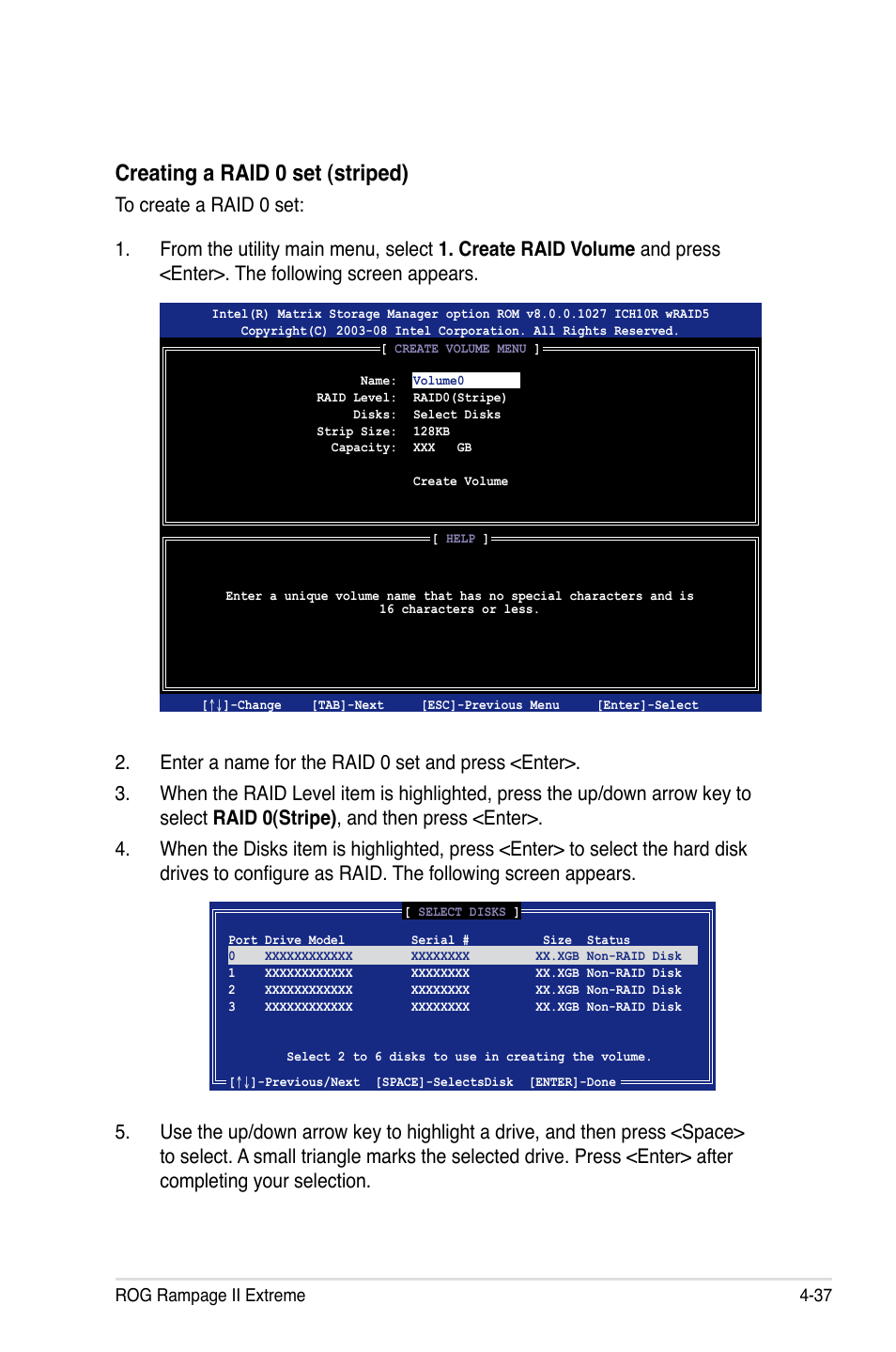 Creating a raid 0 set (striped) | Asus Rampage II Extreme User Manual | Page 169 / 196