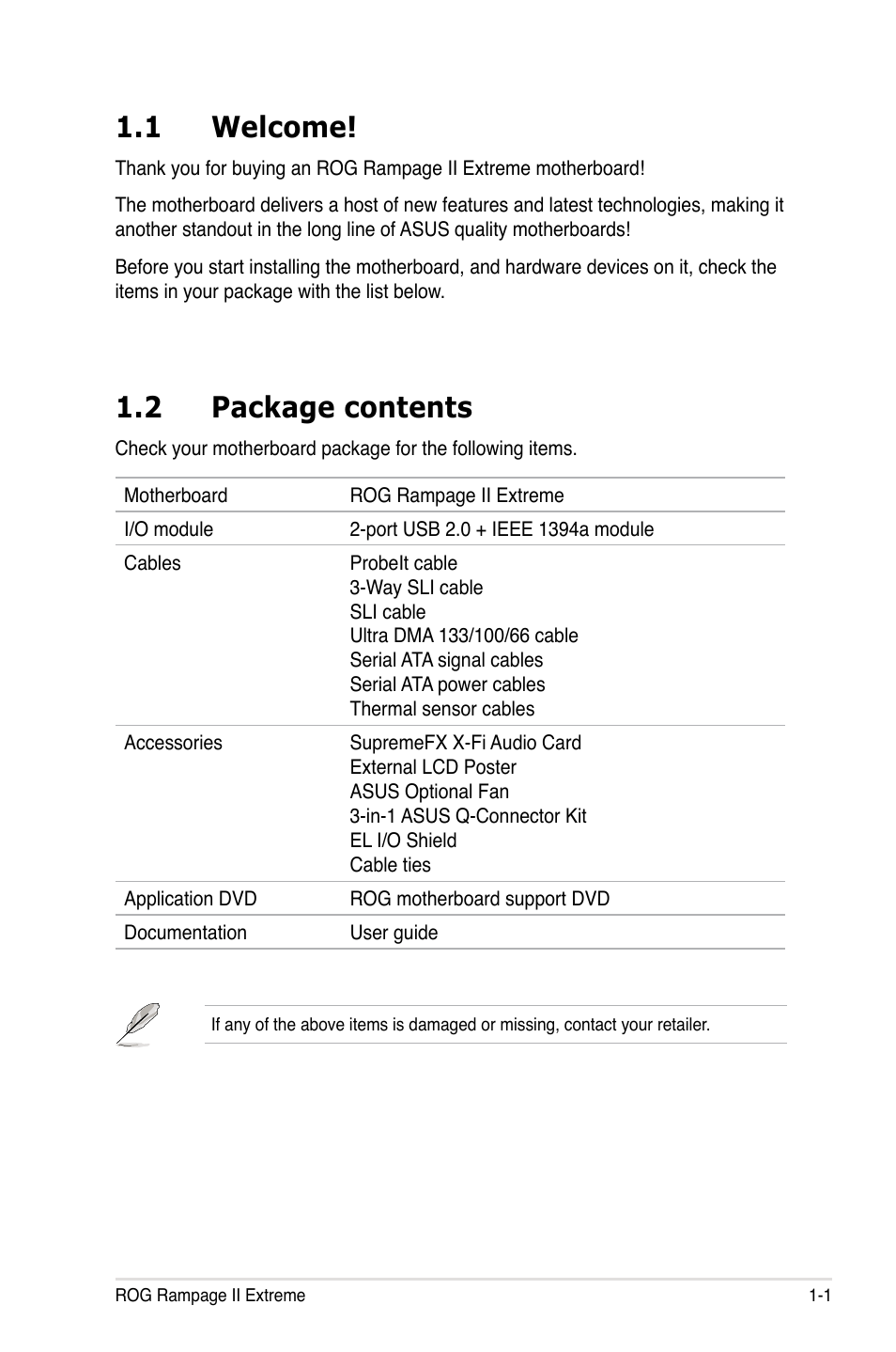 1 welcome, 2 package contents, Welcome! -1 | Package contents -1 | Asus Rampage II Extreme User Manual | Page 17 / 196