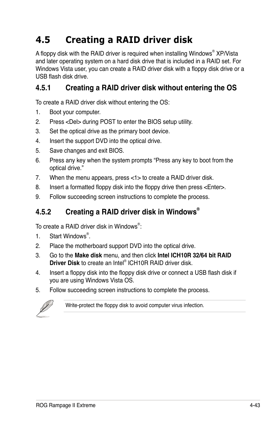 5 creating a raid driver disk, 2 creating a raid driver disk in windows, Creating a raid driver disk -43 4.5.1 | Creating a raid driver disk in windows | Asus Rampage II Extreme User Manual | Page 175 / 196