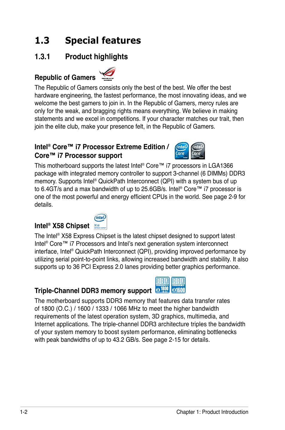 3 special features, 1 product highlights, Special features -2 1.3.1 | Product highlights -2 | Asus Rampage II Extreme User Manual | Page 18 / 196