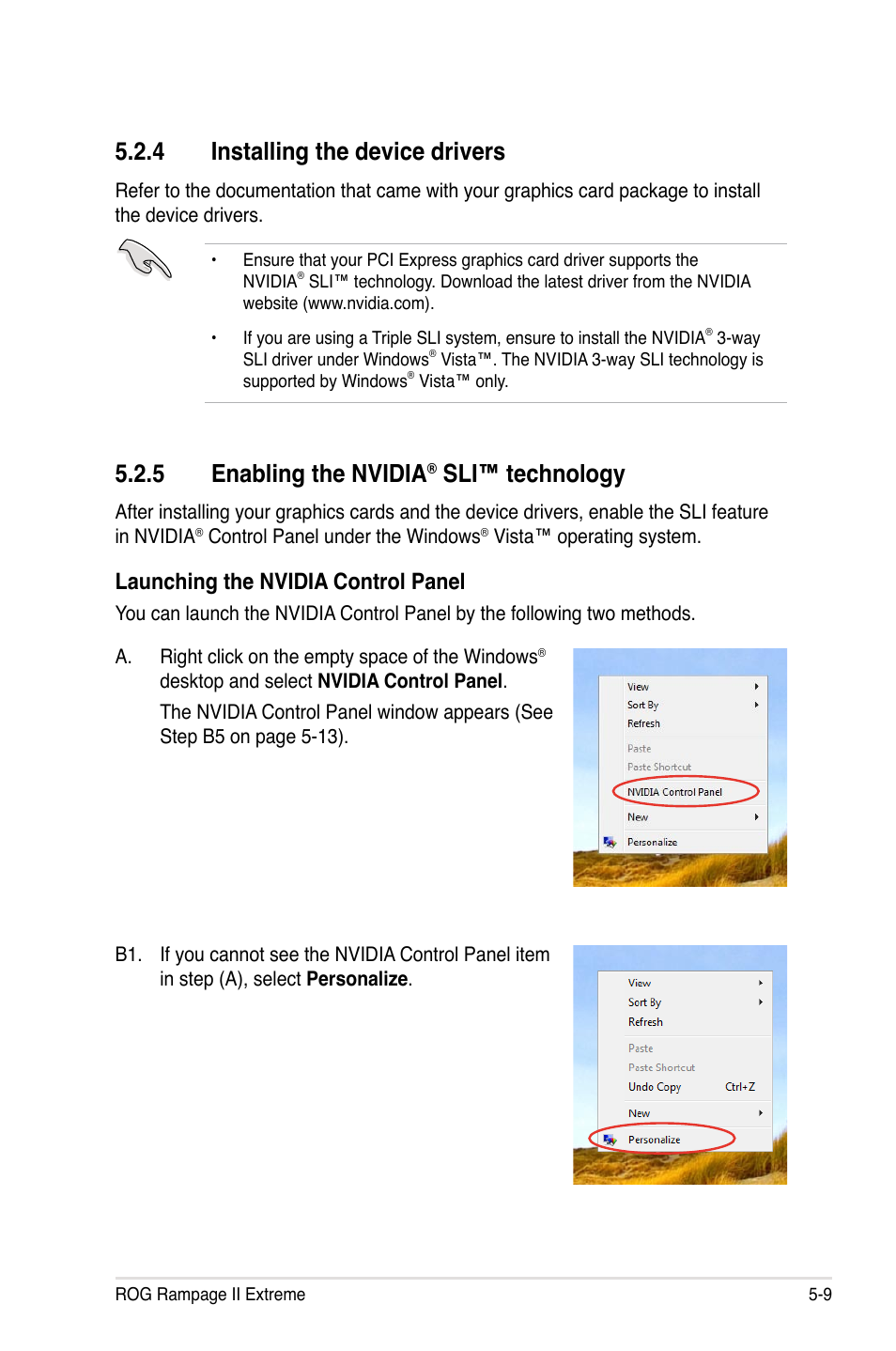 4 installing the device drivers, 5 enabling the nvidia® sli™ technology, Installing the device drivers -9 | Enabling the nvidia, Sli™ technology -9, 5 enabling the nvidia, Sli™ technology, Launching the nvidia control panel | Asus Rampage II Extreme User Manual | Page 187 / 196