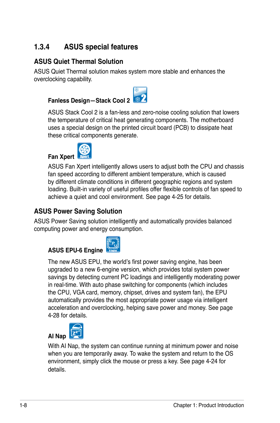 4 asus special features, Asus special features -8 | Asus Rampage II Extreme User Manual | Page 24 / 196