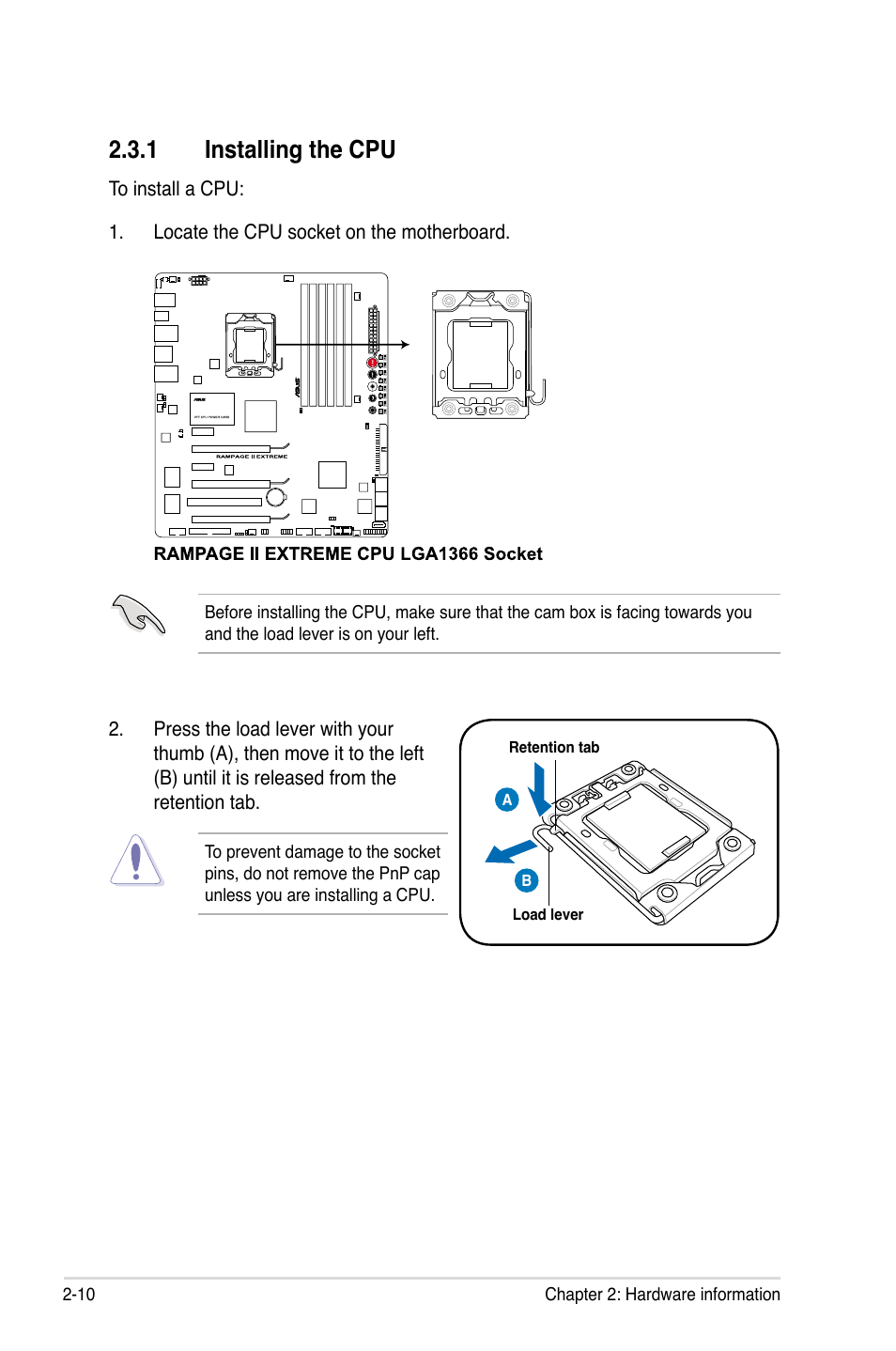 1 installing the cpu, Installing the cpu -10 | Asus Rampage II Extreme User Manual | Page 38 / 196