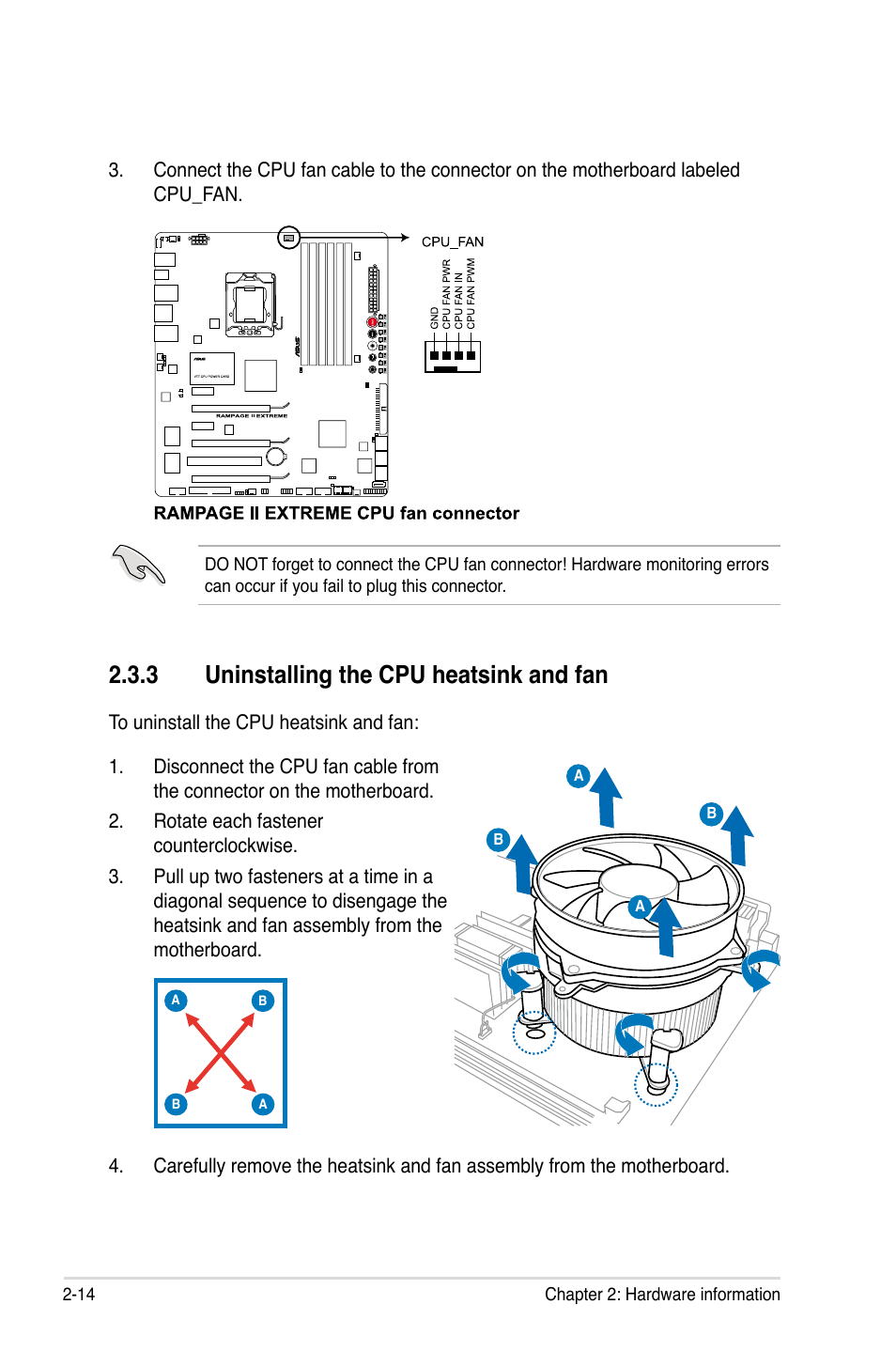 3 uninstalling the cpu heatsink and fan, Uninstalling the cpu heatsink and fan -14 | Asus Rampage II Extreme User Manual | Page 42 / 196