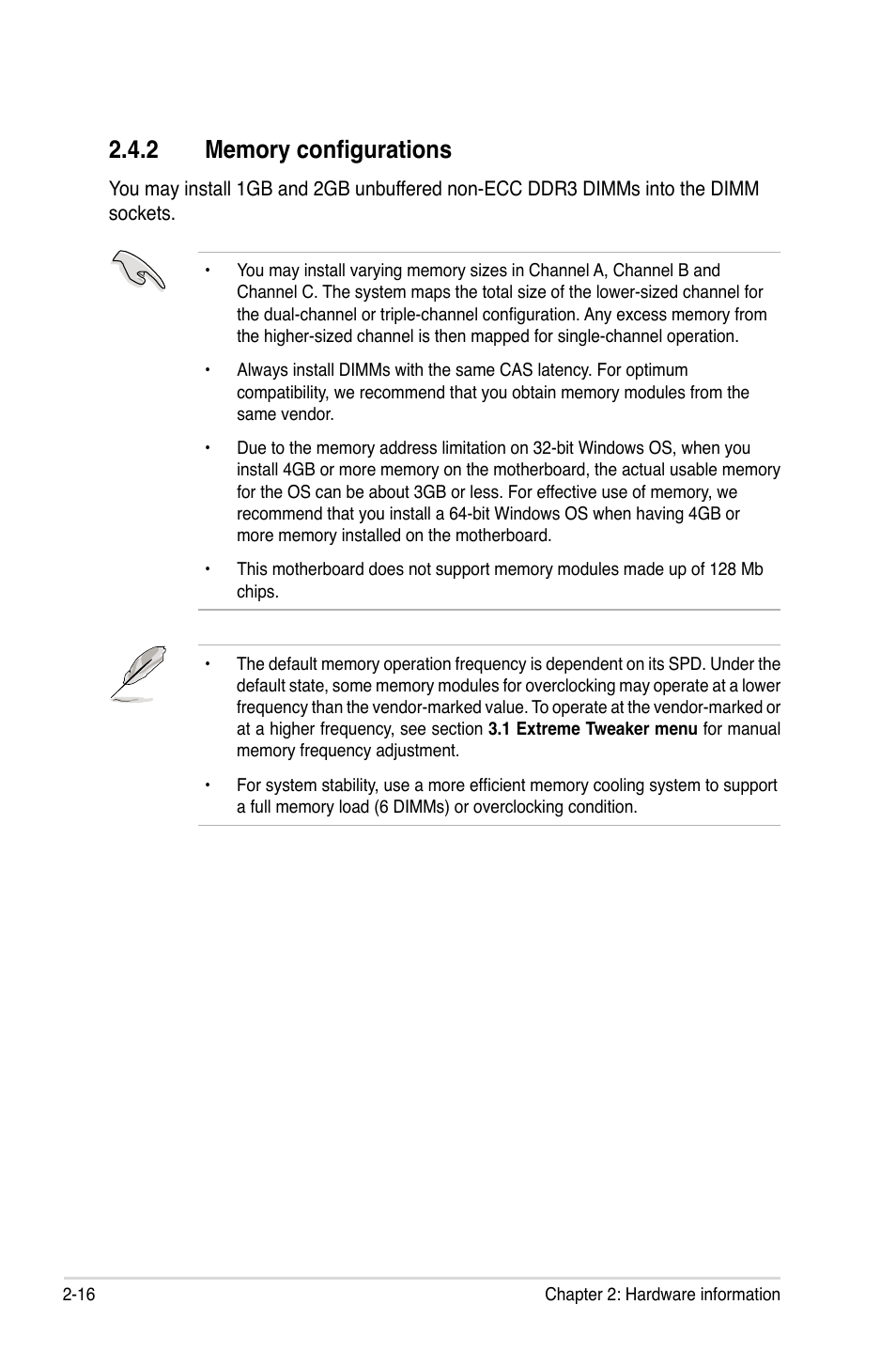 2 memory configurations, Memory configurations -16 | Asus Rampage II Extreme User Manual | Page 44 / 196