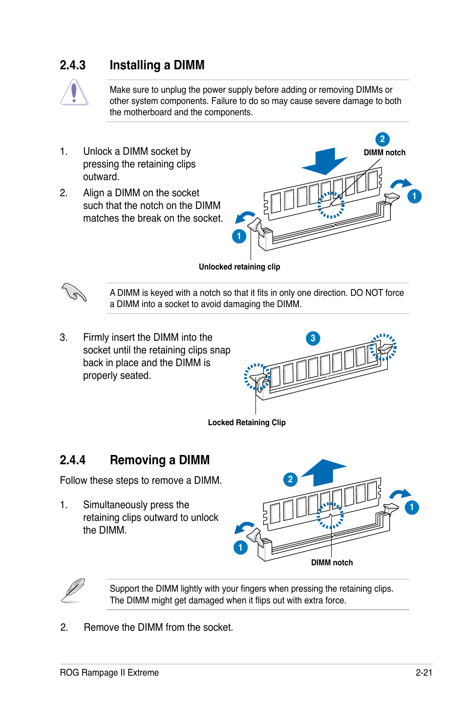 3 installing a dimm, 4 removing a dimm, Installing a dimm -21 | Removing a dimm -21 | Asus Rampage II Extreme User Manual | Page 49 / 196