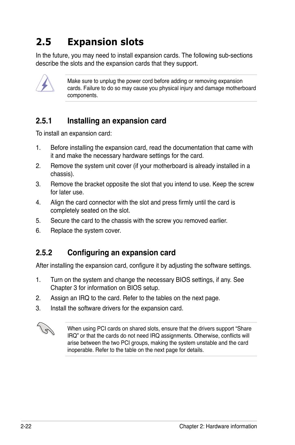 5 expansion slots, 1 installing an expansion card, 2 configuring an expansion card | Expansion slots -22 2.5.1, Installing an expansion card -22, Configuring an expansion card -22 | Asus Rampage II Extreme User Manual | Page 50 / 196