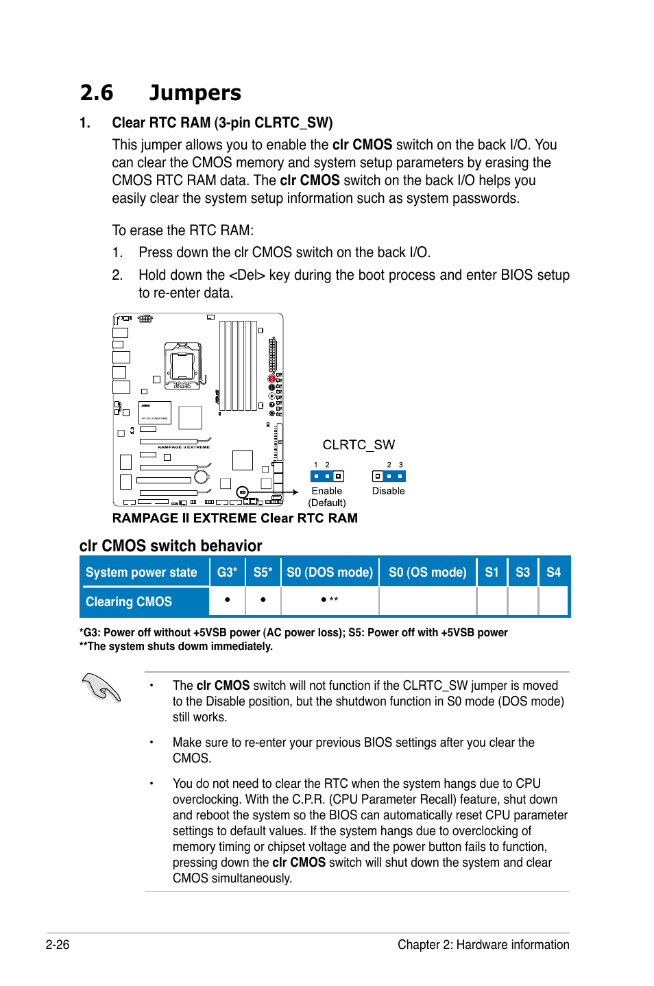 6 jumpers, Jumpers -26, Clr cmos switch behavior | Asus Rampage II Extreme User Manual | Page 54 / 196