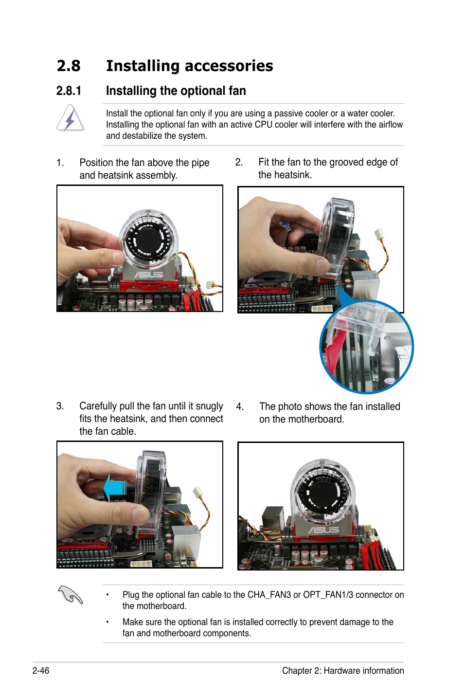 8 installing accessories, 1 installing the optional fan, Installing accessories -46 2.8.1 | Installing the optional fan -46 | Asus Rampage II Extreme User Manual | Page 74 / 196