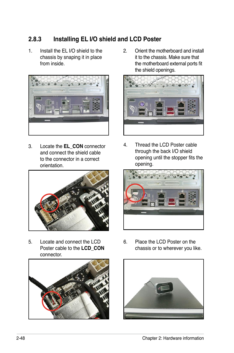 3 installing el i/o shield and lcd poster, Installing el i/o shield and lcd poster -48 | Asus Rampage II Extreme User Manual | Page 76 / 196