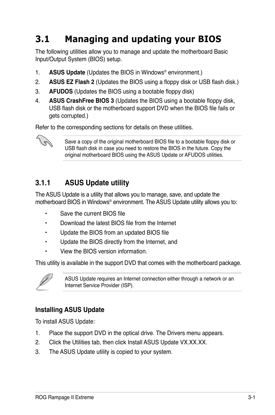 1 managing and updating your bios, 1 asus update utility, Managing and updating your bios -1 3.1.1 | Asus update utility -1 | Asus Rampage II Extreme User Manual | Page 83 / 196