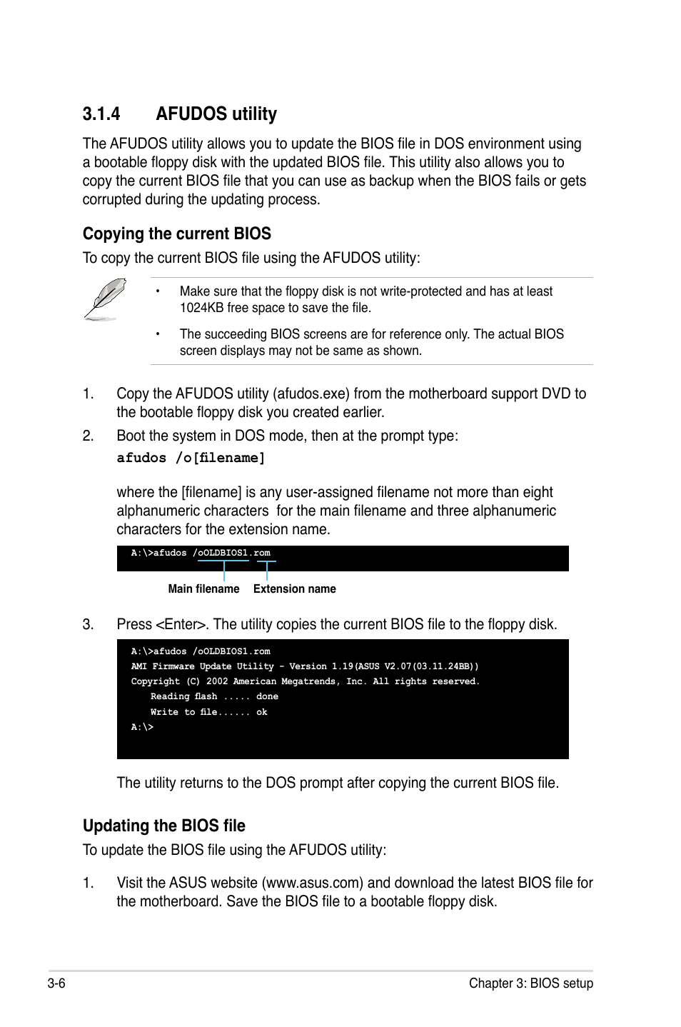 4 afudos utility, Afudos utility -6, Copying the current bios | Updating the bios file | Asus Rampage II Extreme User Manual | Page 88 / 196