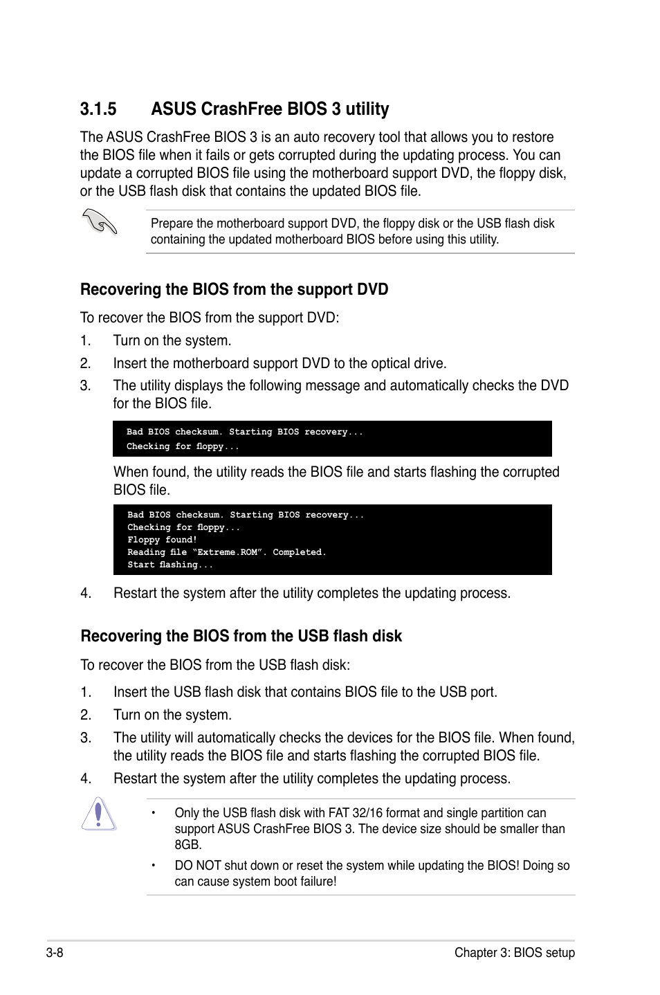 5 asus crashfree bios 3 utility, Asus crashfree bios 3 utility -8, Recovering the bios from the support dvd | Recovering the bios from the usb flash disk | Asus Rampage II Extreme User Manual | Page 90 / 196