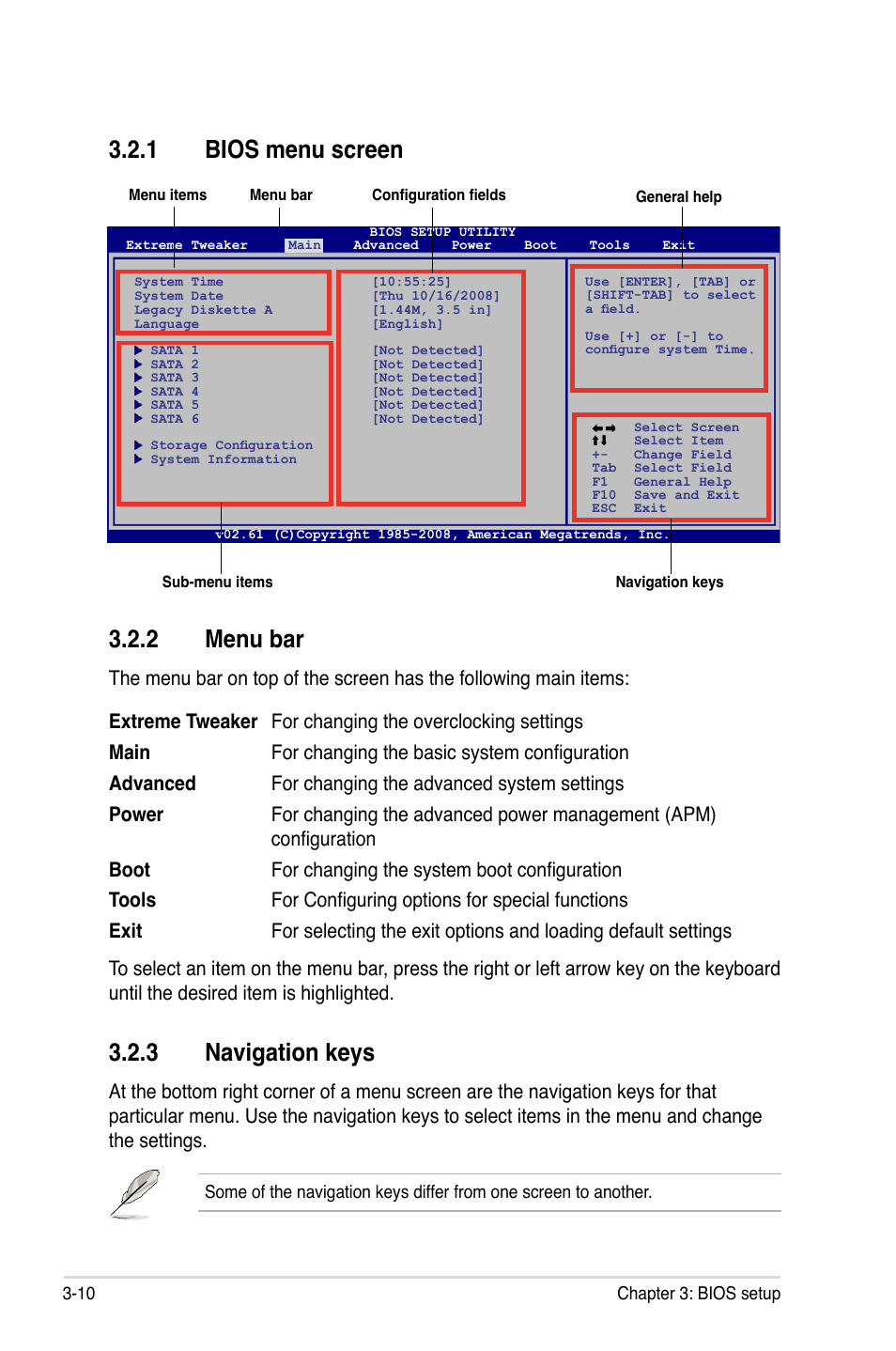 1 bios menu screen, 2 menu bar, 3 navigation keys | Bios menu screen -10, Menu bar -10, Navigation keys -10 | Asus Rampage II Extreme User Manual | Page 92 / 196