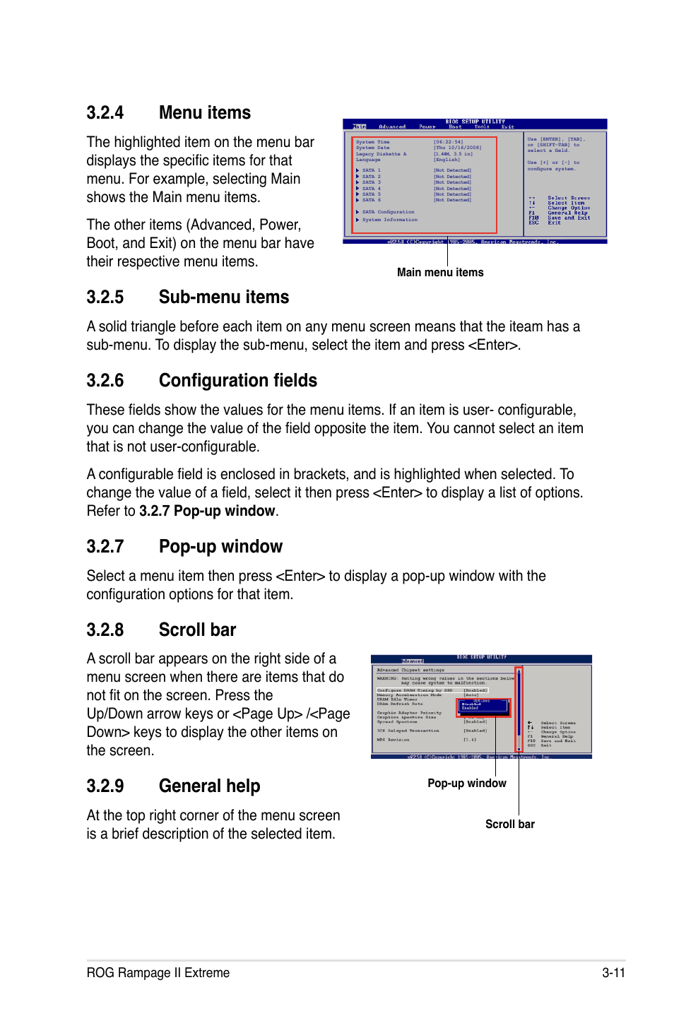 4 menu items, 5 sub-menu items, 6 configuration fields | 7 pop-up window, 8 scroll bar, 9 general help, Menu items -11, Sub-menu items -11, Configuration fields -11, Pop-up window -11 | Asus Rampage II Extreme User Manual | Page 93 / 196