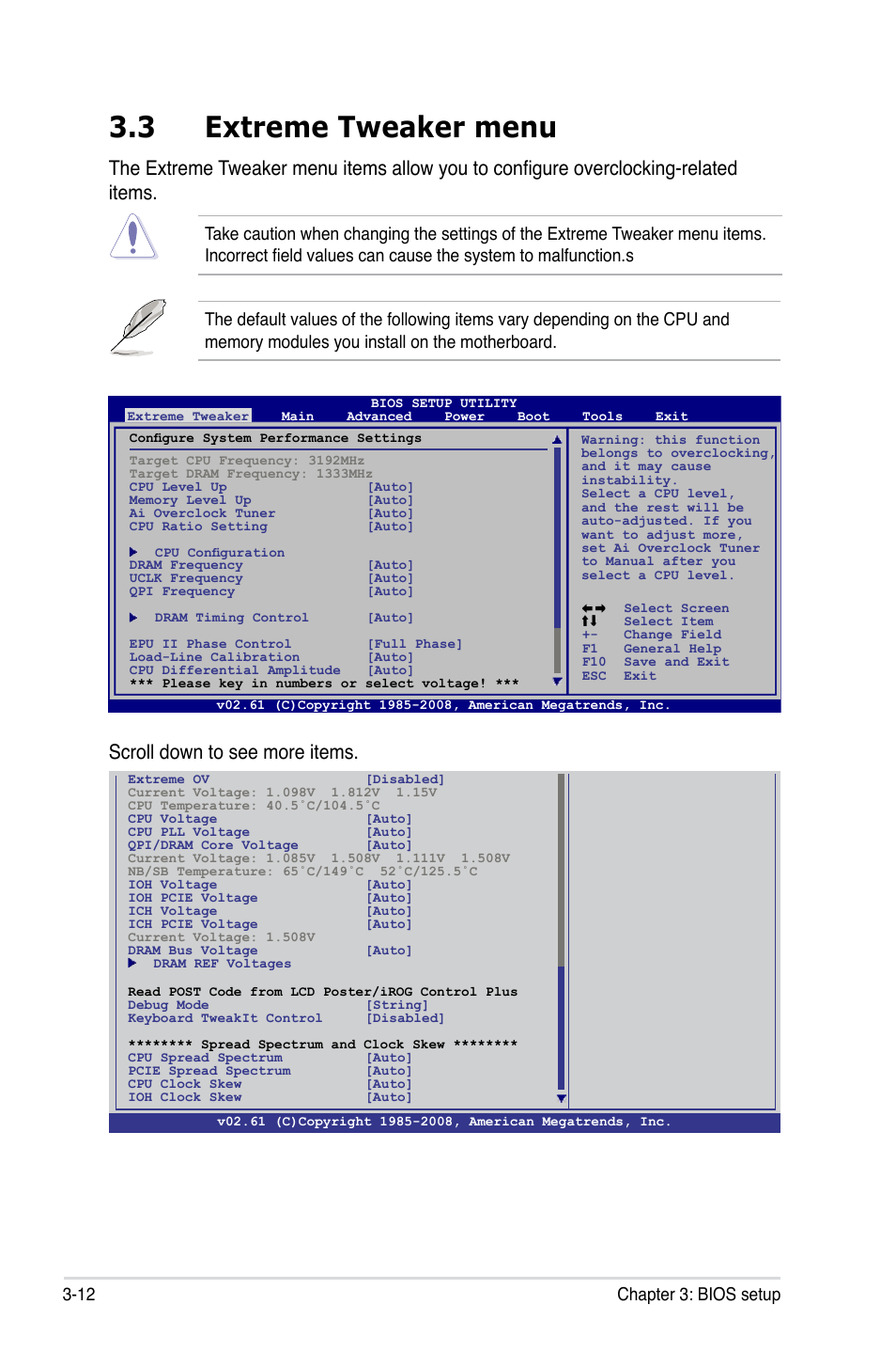 3 extreme tweaker menu, Extreme tweaker menu -12, Scroll down to see more items | 12 chapter 3: bios setup | Asus Rampage II Extreme User Manual | Page 94 / 196