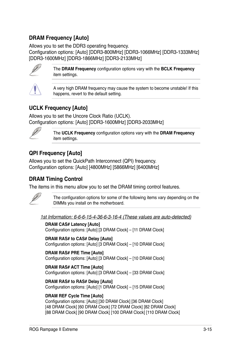 Uclk frequency [auto, Qpi frequency [auto, Dram timing control | Dram frequency [auto | Asus Rampage II Extreme User Manual | Page 97 / 196