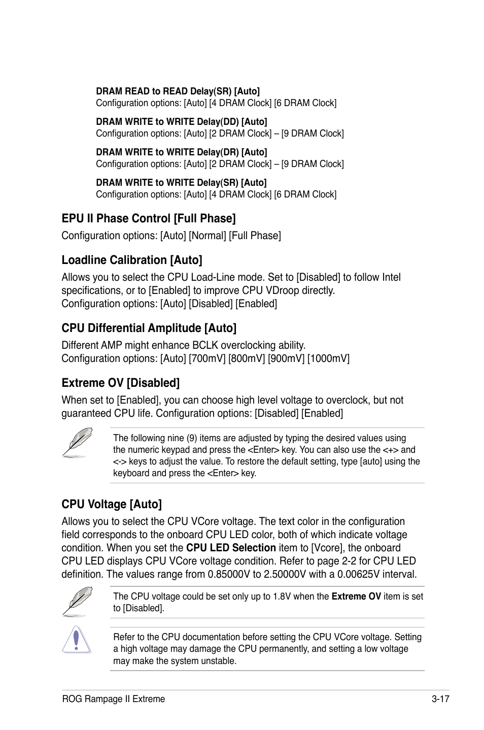 Cpu voltage [auto, Epu ii phase control [full phase, Loadline calibration [auto | Cpu differential amplitude [auto, Extreme ov [disabled | Asus Rampage II Extreme User Manual | Page 99 / 196