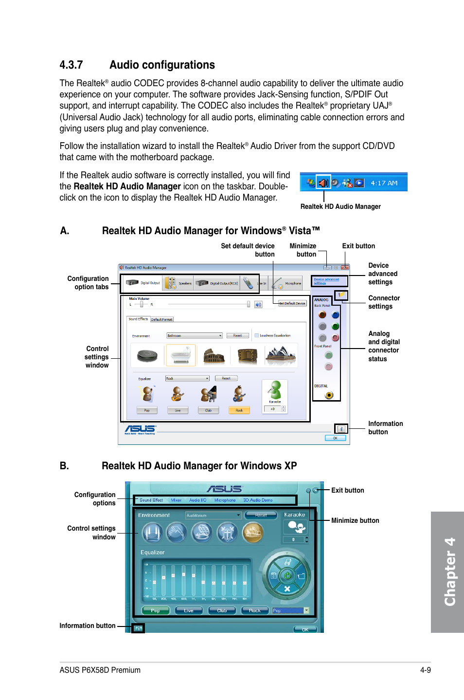 7 audio configurations, Audio configurations -9, Chapter 4 | A. realtek hd audio manager for windows, Vista, B. realtek hd audio manager for windows xp | Asus P6X58D Premium User Manual | Page 105 / 126
