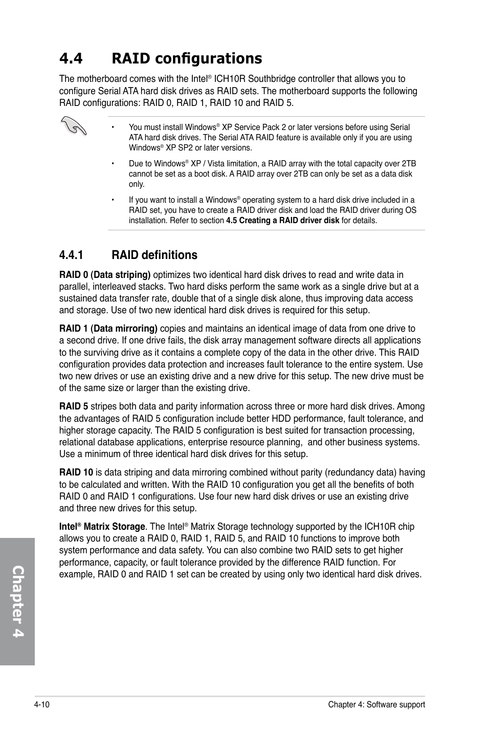 4 raid configurations, 1 raid definitions, Raid configurations -10 4.4.1 | Raid definitions -10, Chapter 4 4.4 raid configurations | Asus P6X58D Premium User Manual | Page 106 / 126
