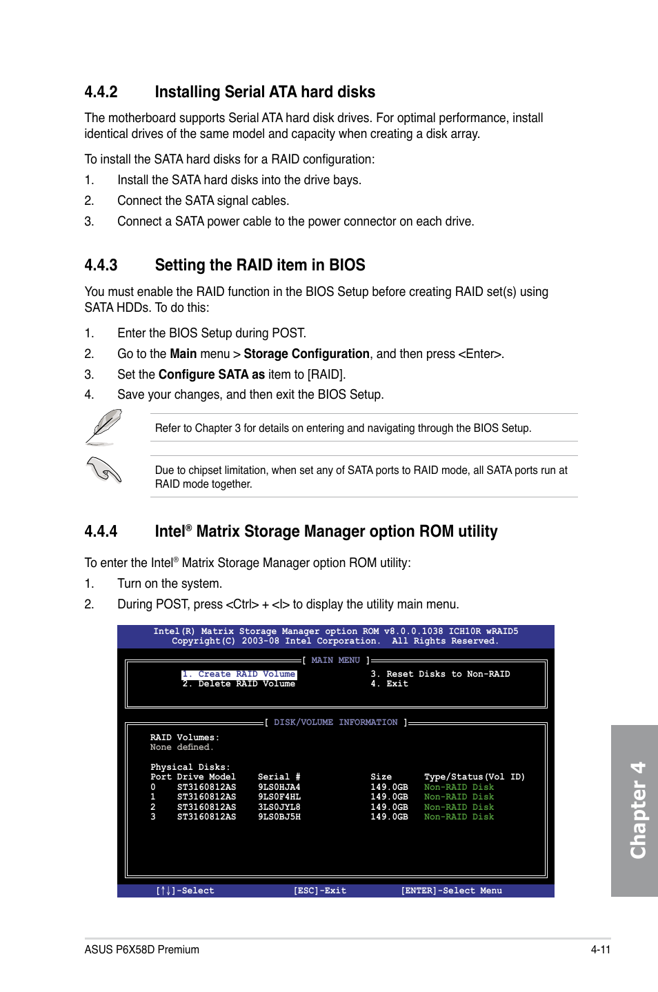 2 installing serial ata hard disks, 3 setting the raid item in bios, 4 intel® matrix storage manager option rom utility | Installing serial ata hard disks -11, Setting the raid item in bios -11, Intel, Matrix storage manager option rom utility -11, Chapter 4, 4 intel, Matrix storage manager option rom utility | Asus P6X58D Premium User Manual | Page 107 / 126