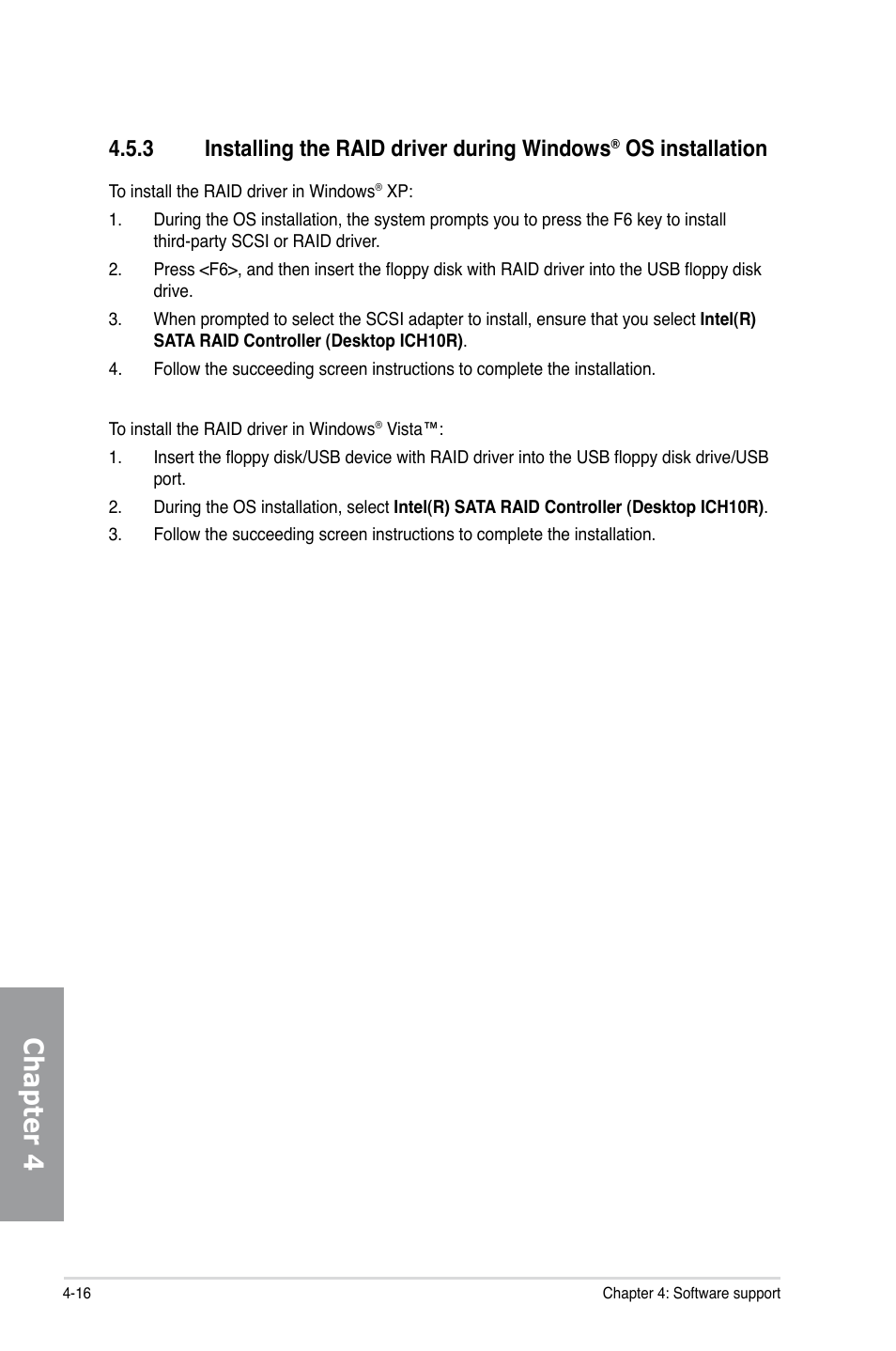 Installing the raid driver during windows, Os installation -16, Chapter 4 | 3 installing the raid driver during windows, Os installation | Asus P6X58D Premium User Manual | Page 112 / 126
