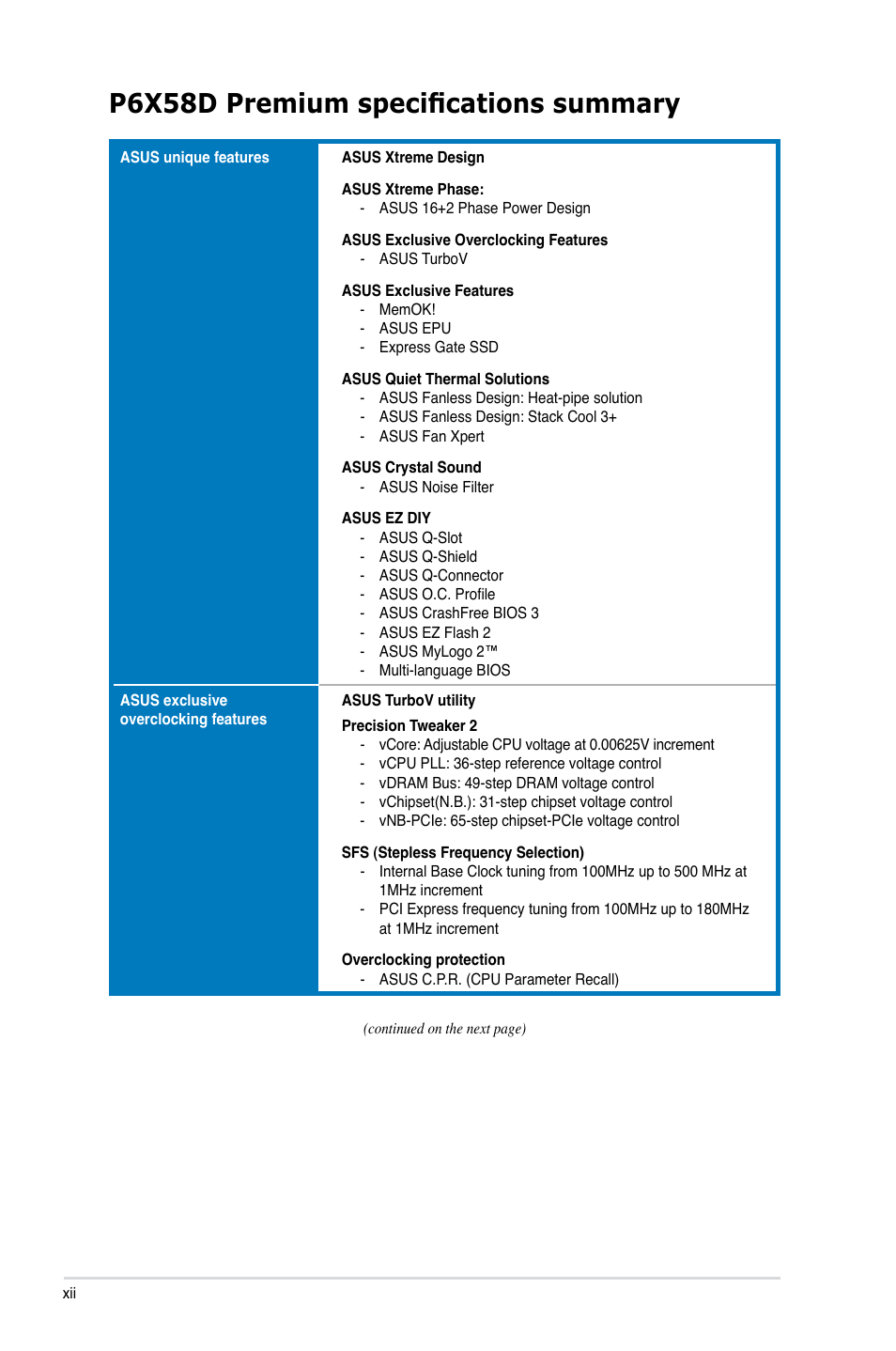 P6x58d premium specifications summary | Asus P6X58D Premium User Manual | Page 12 / 126