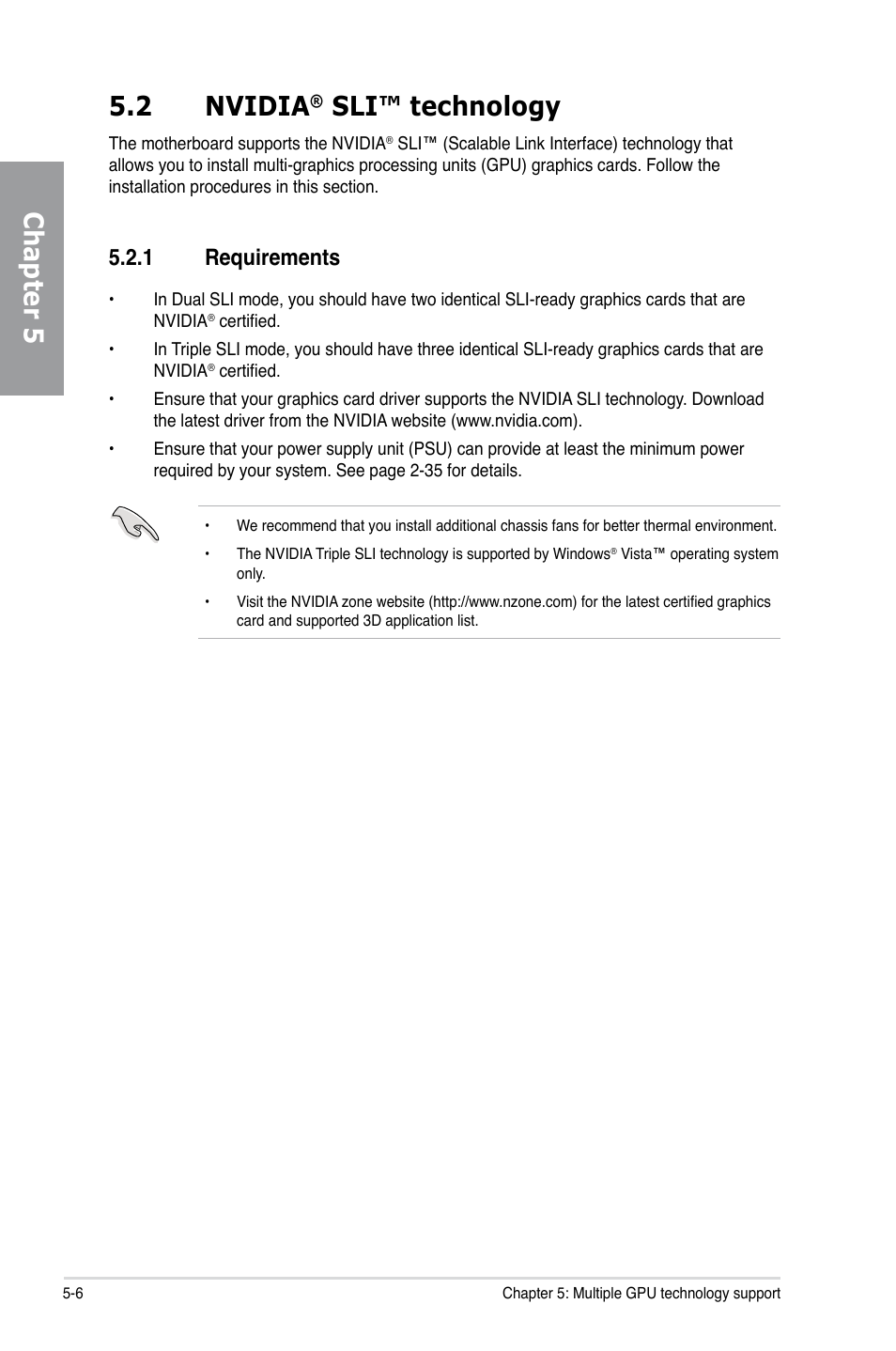 2 nvidia® sli™ technology, 1 requirements, Nvidia | Sli™ technology -6, Requirements -6, Chapter 5 5.2 nvidia, Sli™ technology | Asus P6X58D Premium User Manual | Page 120 / 126