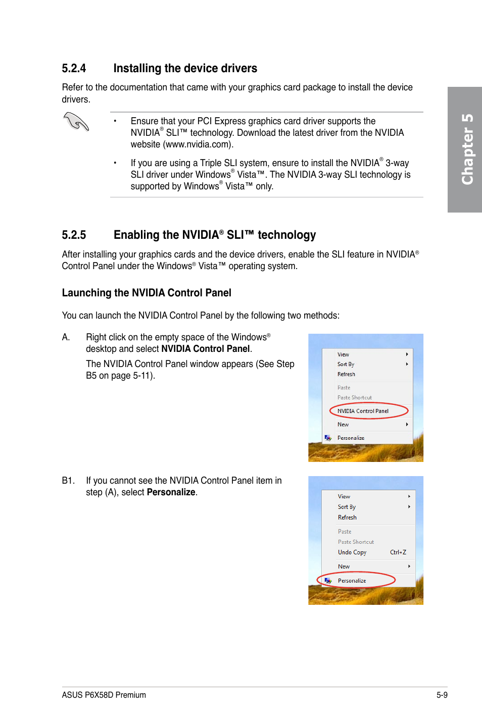 4 installing the device drivers, 5 enabling the nvidia® sli™ technology, Installing the device drivers -9 | Enabling the nvidia, Sli™ technology -9, Chapter 5, 5 enabling the nvidia, Sli™ technology | Asus P6X58D Premium User Manual | Page 123 / 126
