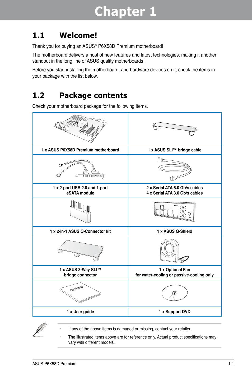 Chapter 1: product introduction, 1 welcome, 2 package contents | Chapter 1, Product introduction, Welcome! -1, Package contents -1, Chapter 1 1.1 welcome | Asus P6X58D Premium User Manual | Page 15 / 126