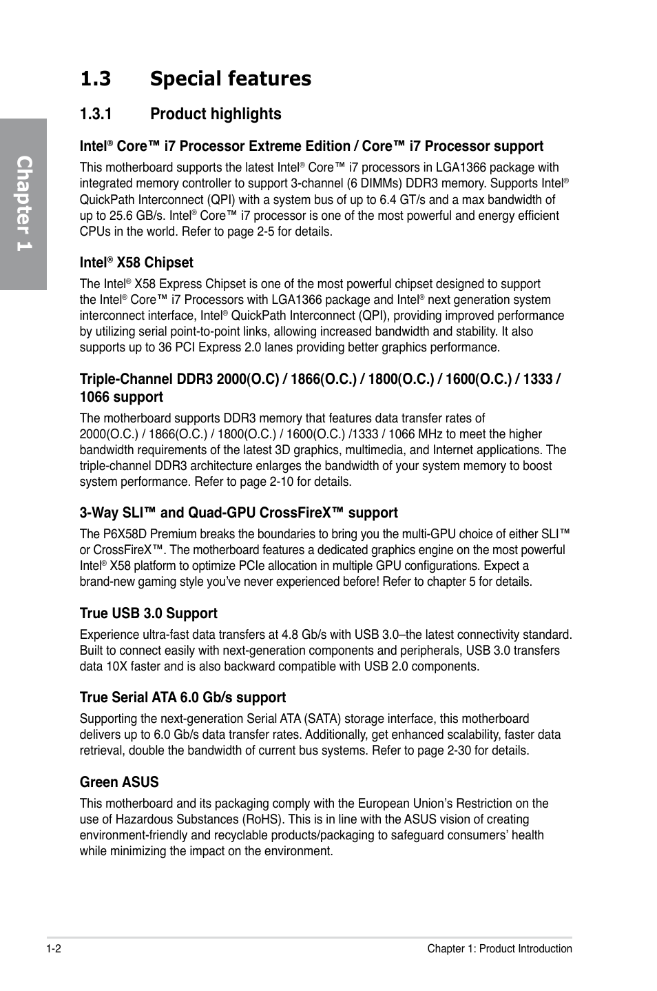 3 special features, 1 product highlights, Special features -2 1.3.1 | Product highlights -2, Chapter 1 1.3 special features | Asus P6X58D Premium User Manual | Page 16 / 126