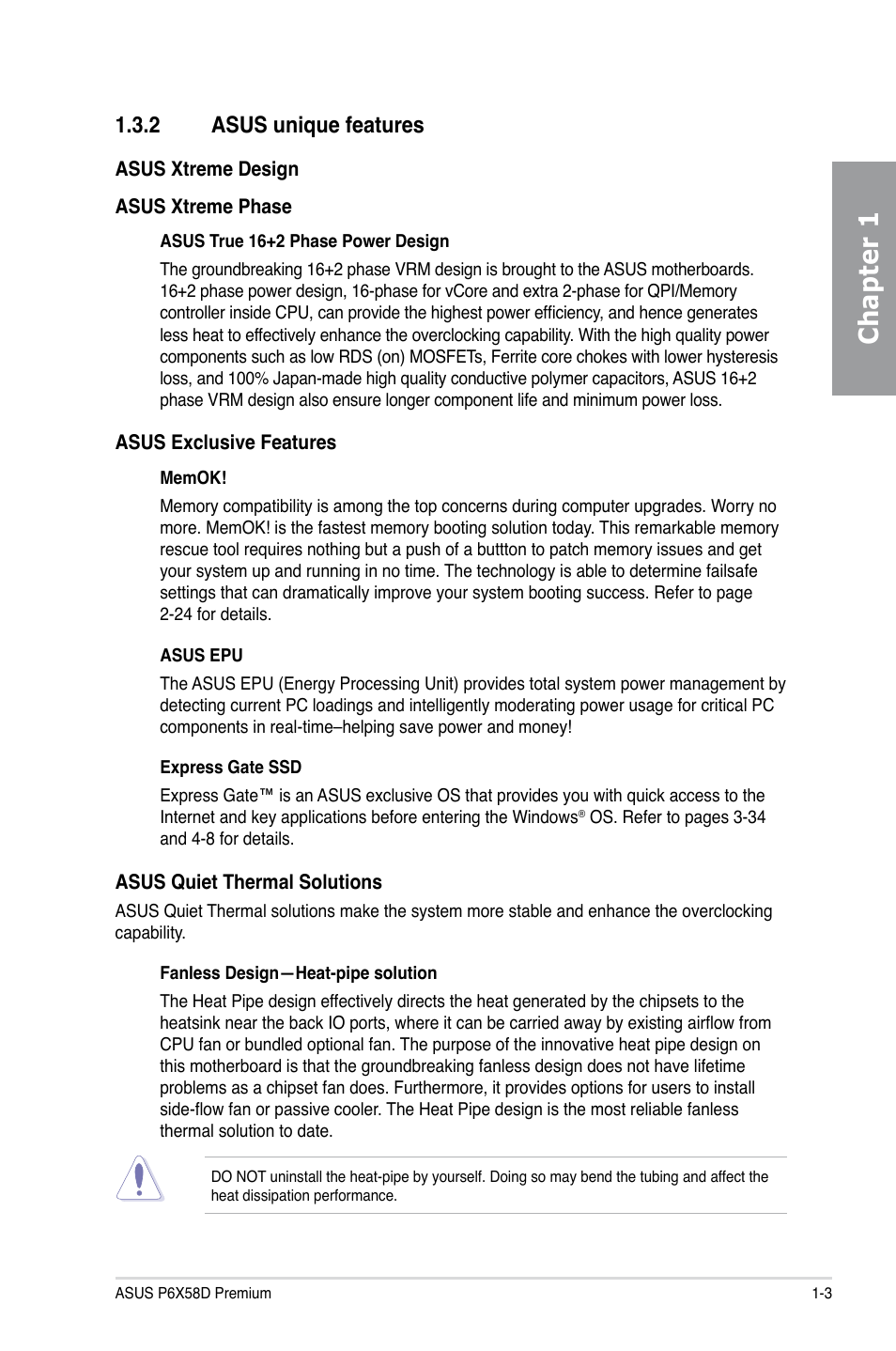 2 asus unique features, Asus unique features -3, Chapter 1 | Asus P6X58D Premium User Manual | Page 17 / 126