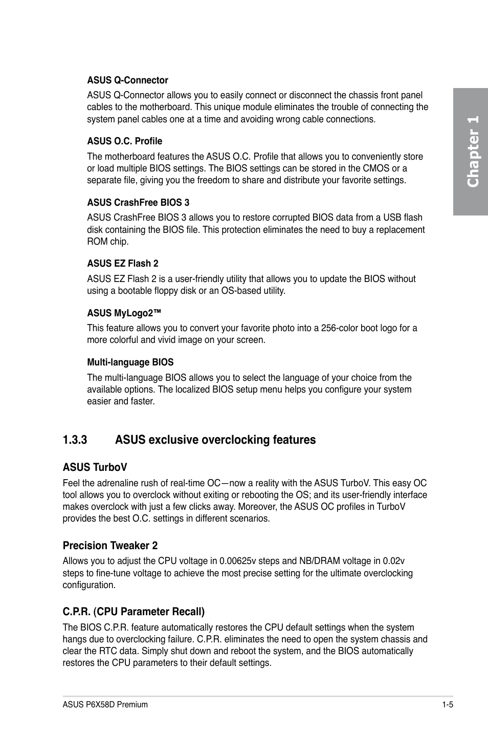 3 asus exclusive overclocking features, Asus exclusive overclocking features -5, Chapter 1 | Asus P6X58D Premium User Manual | Page 19 / 126