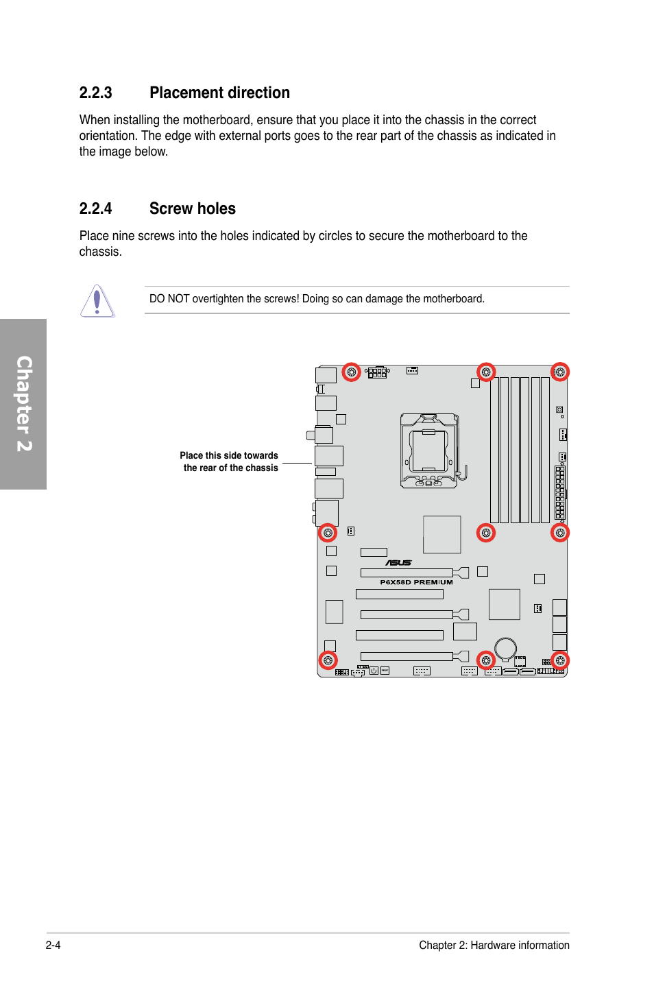 3 placement direction, 4 screw holes, Placement direction -4 | Screw holes -4, Chapter 2 | Asus P6X58D Premium User Manual | Page 24 / 126