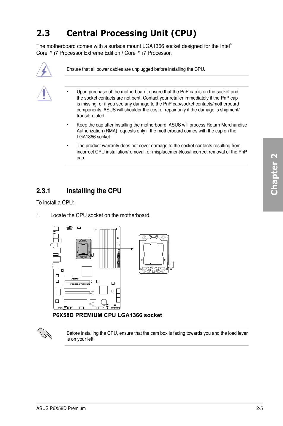 3 central processing unit (cpu), 1 installing the cpu, Central processing unit (cpu) -5 2.3.1 | Installing the cpu -5, Chapter 2 2.3 central processing unit (cpu) | Asus P6X58D Premium User Manual | Page 25 / 126