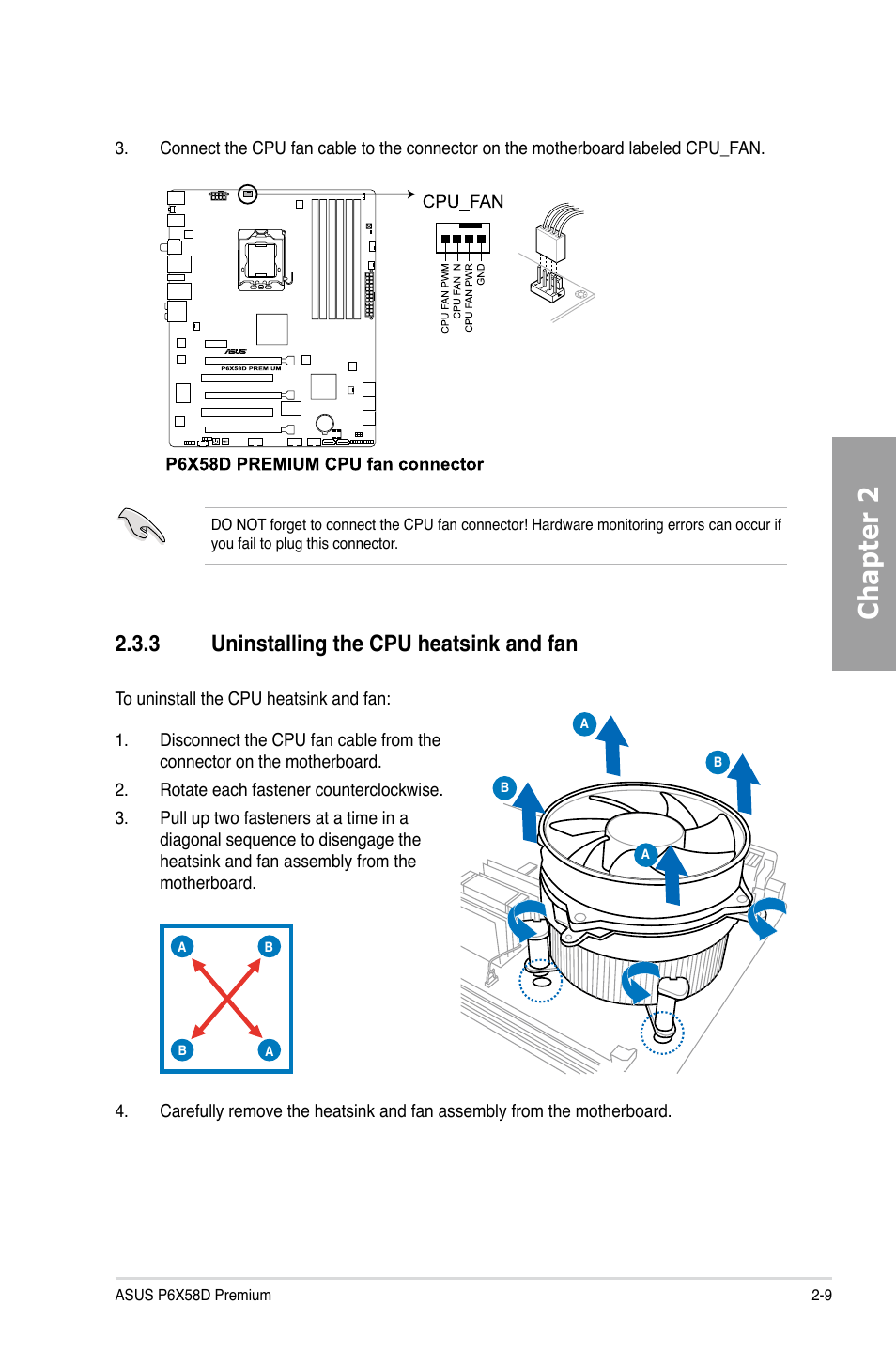 3 uninstalling the cpu heatsink and fan, Uninstalling the cpu heatsink and fan -9, Chapter 2 | Asus P6X58D Premium User Manual | Page 29 / 126