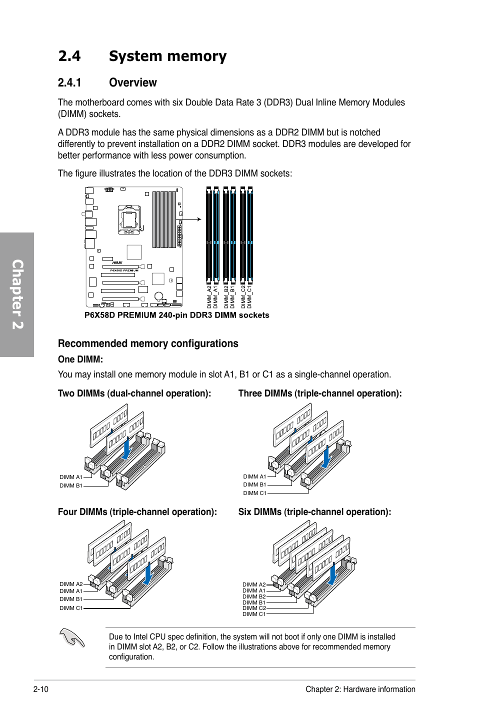 4 system memory, 1 overview, System memory -10 2.4.1 | Overview -10 | Asus P6X58D Premium User Manual | Page 30 / 126