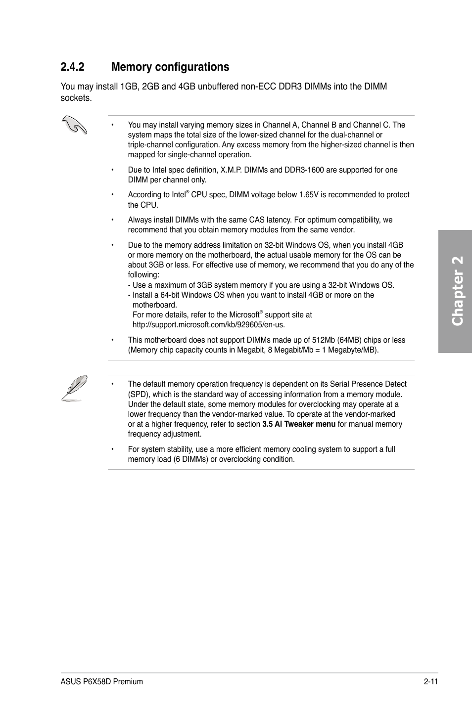 2 memory configurations, Memory configurations -11, Chapter 2 | Asus P6X58D Premium User Manual | Page 31 / 126