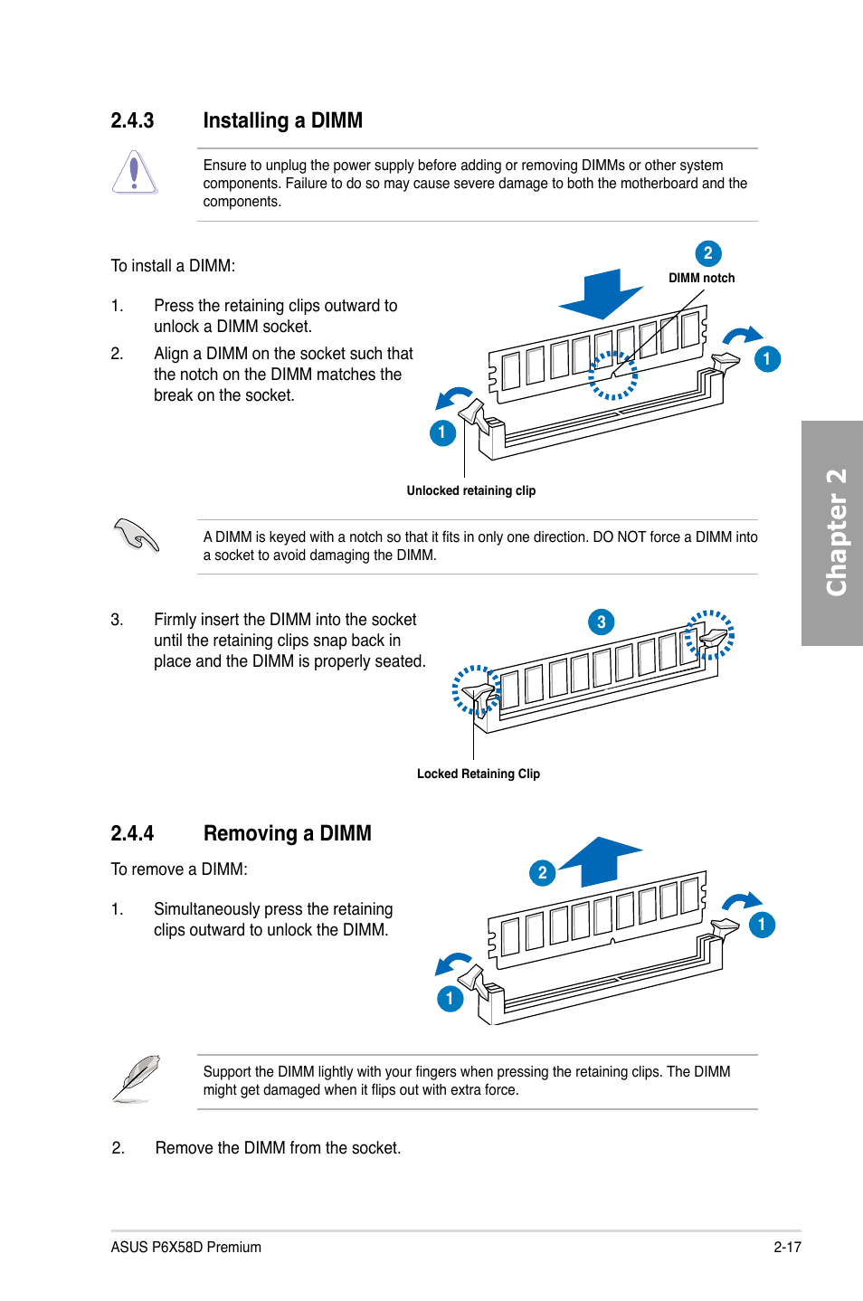 3 installing a dimm, 4 removing a dimm, Installing a dimm -17 | Removing a dimm -17, Chapter 2 | Asus P6X58D Premium User Manual | Page 37 / 126