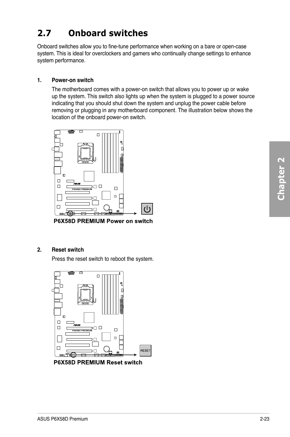 7 onboard switches, Onboard switches -23, Chapter 2 2.7 onboard switches | Asus P6X58D Premium User Manual | Page 43 / 126
